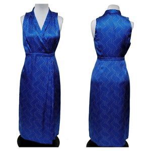 Equipment Size 10 Katherine Blue Silk Geo Pattern Wrap Sleeveless Midi Dress